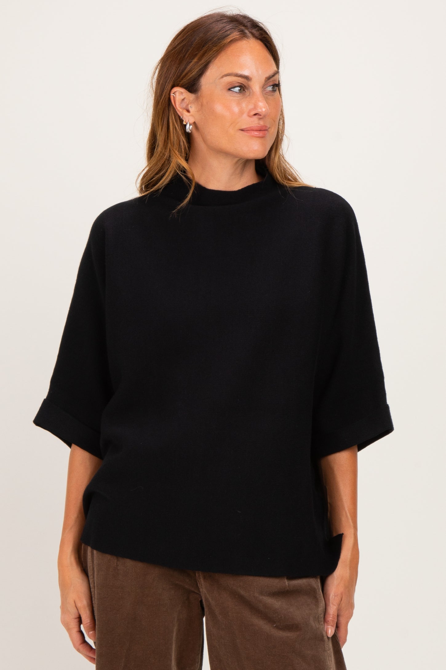 Black Mock Neck Dolman Short Sleeve Maternity Top