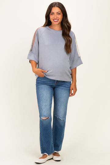 Grey Mesh Shoulder Short Sleeve Maternity Top