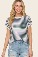 Lavender Striped Short Sleeve Sweater Top