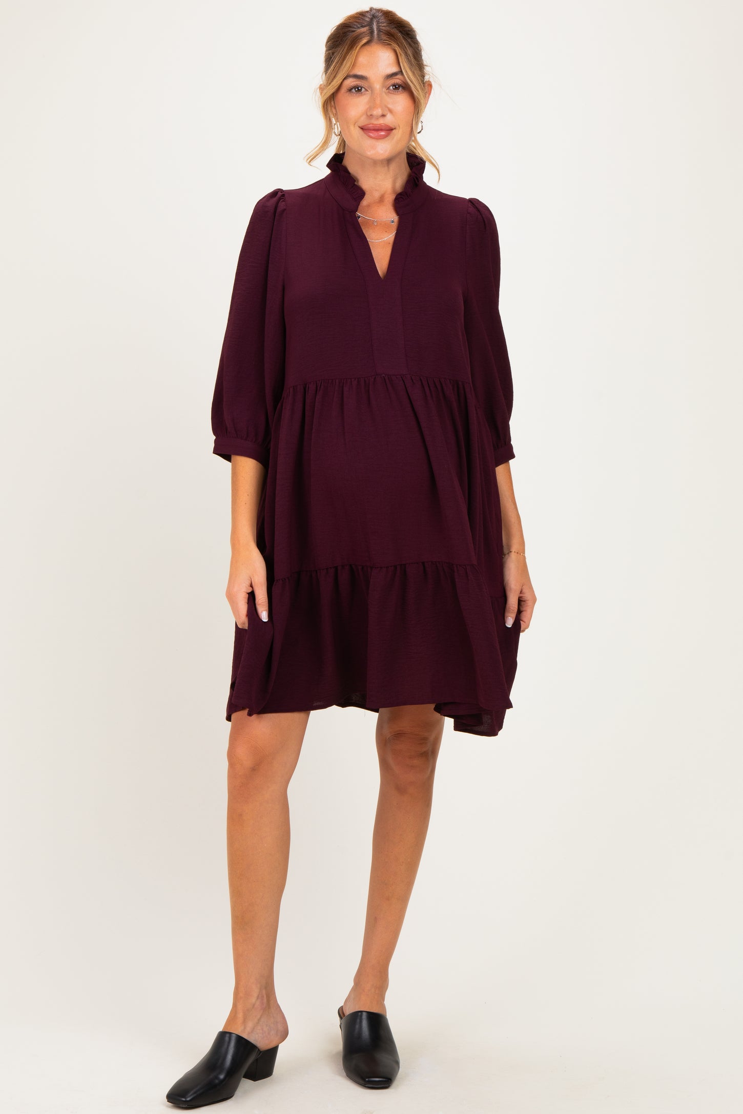 Eggplant Ruffle Split Neck Tiered Maternity Dress