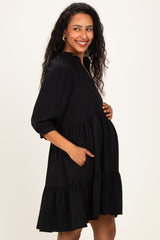 Black Ruffle Split Neck Tiered Maternity Dress
