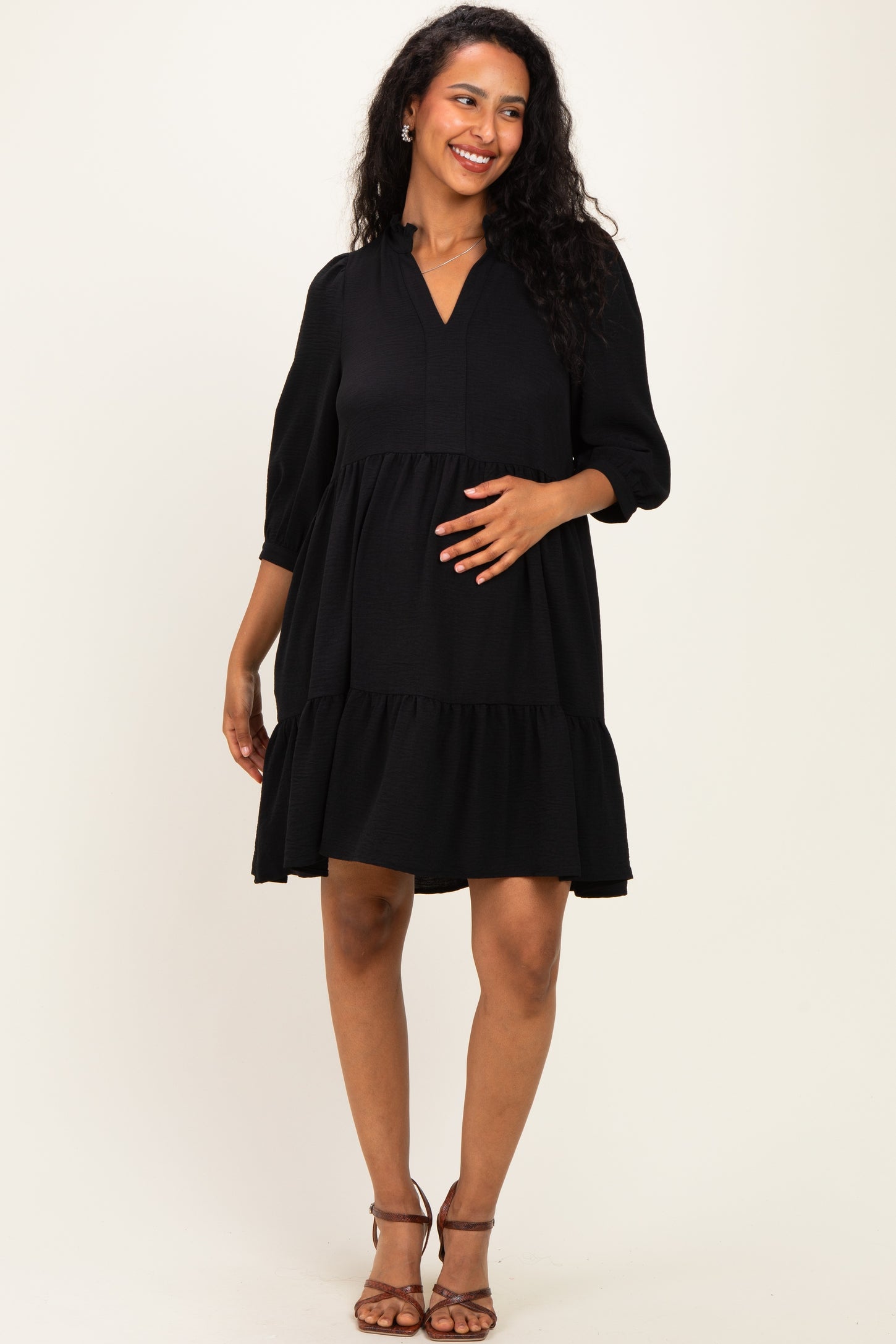 Black Ruffle Split Neck Tiered Maternity Dress