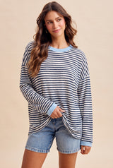 Navy Striped Slub Jersey Oversized Long Sleeve