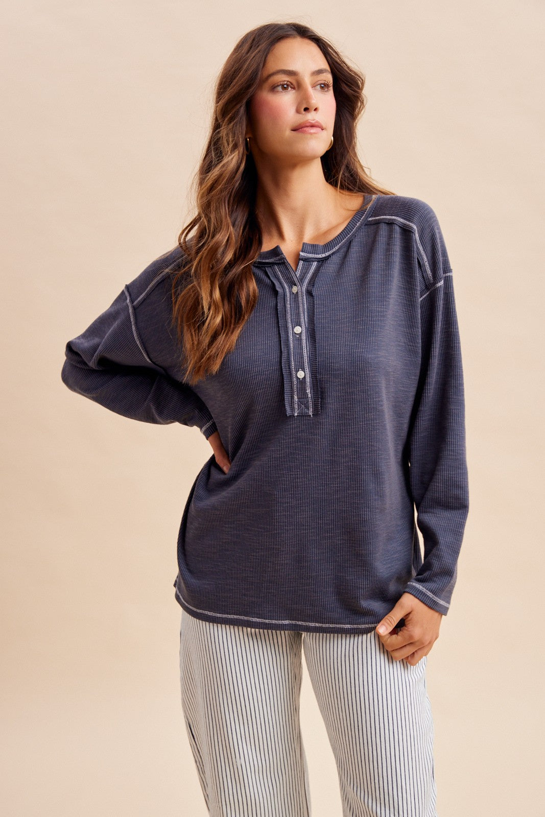 Faded Charcoal Ribbed Jersey Oversized Henley