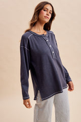 Faded Charcoal Ribbed Jersey Oversized Henley