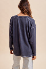 Faded Charcoal Ribbed Jersey Oversized Henley