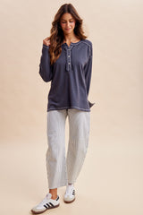 Faded Charcoal Ribbed Jersey Oversized Henley