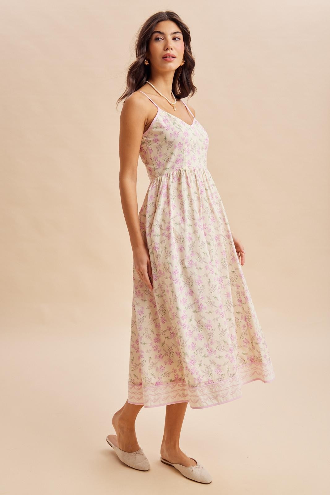 Creme Peony Floral Embroidered Hem Midi Dress