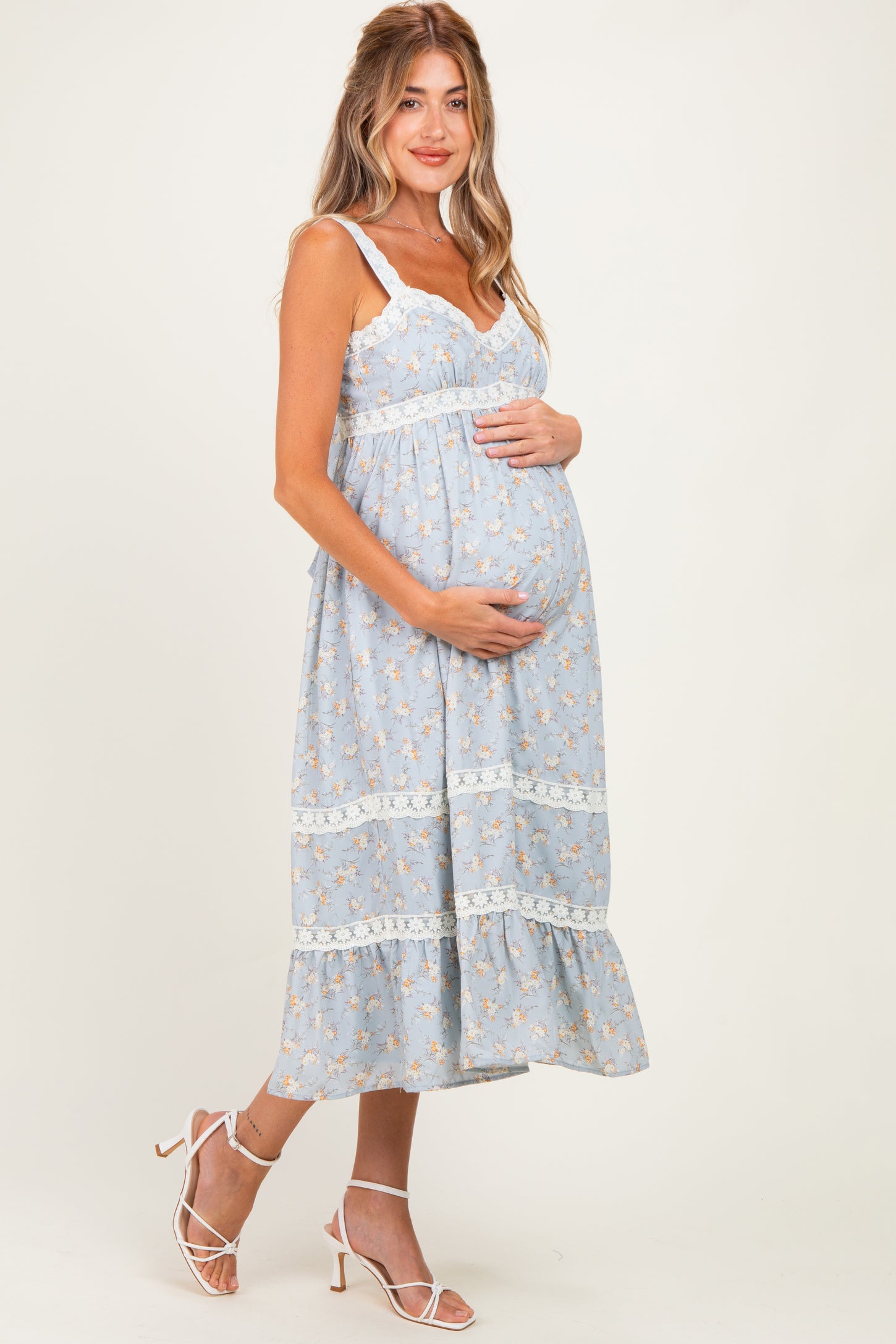 Vintage Blue Lace Floral Tie Back Maternity Midi Dress