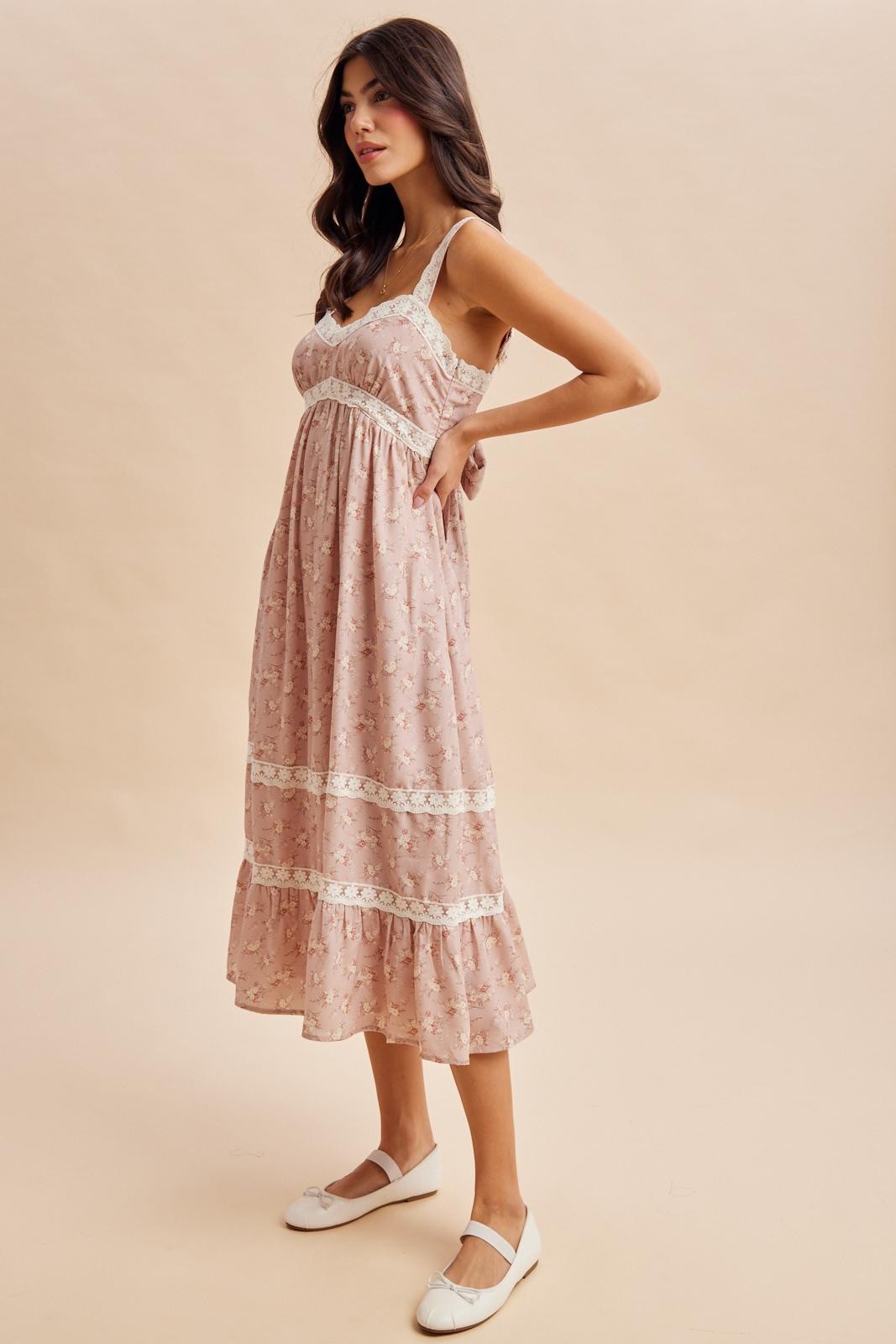 Dusty Pink Lace Floral Tie Back Midi Dress