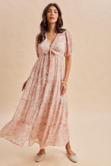 Coral Floral Button Down Front Tie Maternity Maxi Dress