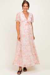 Coral Floral Button Down Front Tie Maternity Maxi Dress
