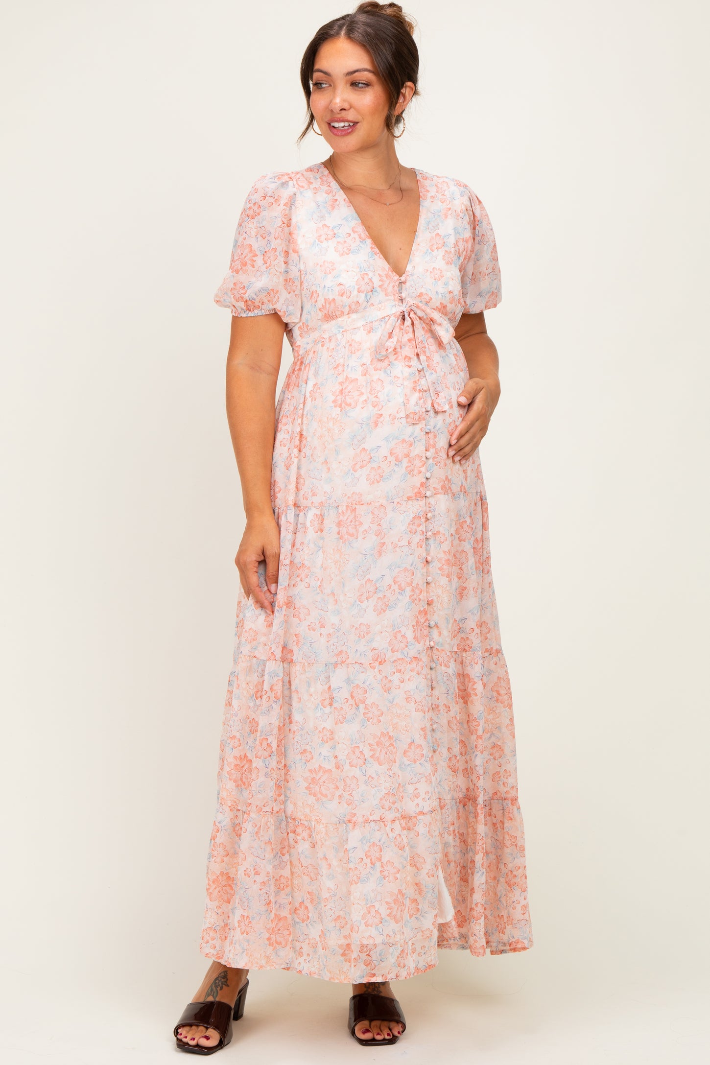 Coral Floral Button Down Front Tie Maternity Maxi Dress