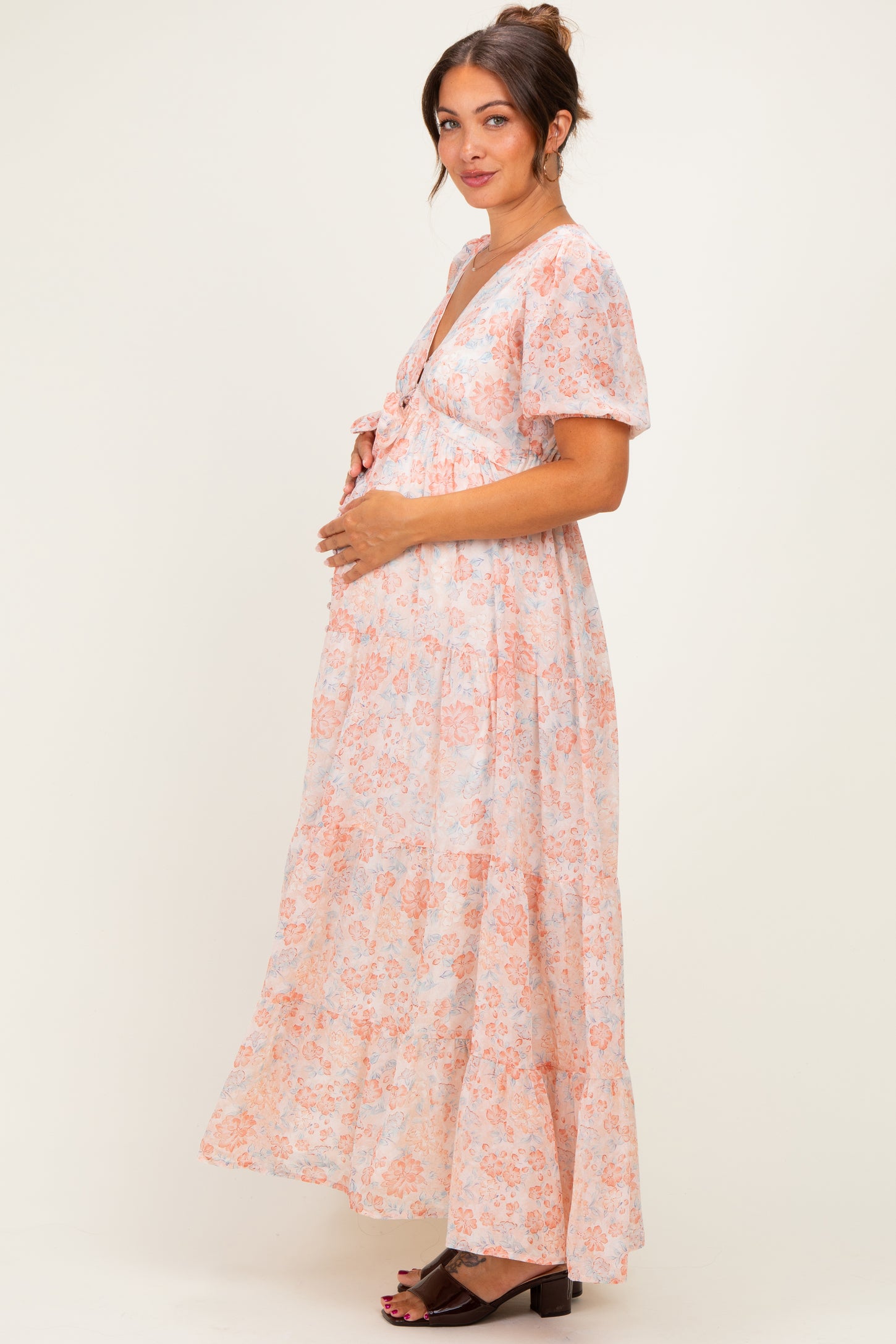 Coral Floral Button Down Front Tie Maternity Maxi Dress