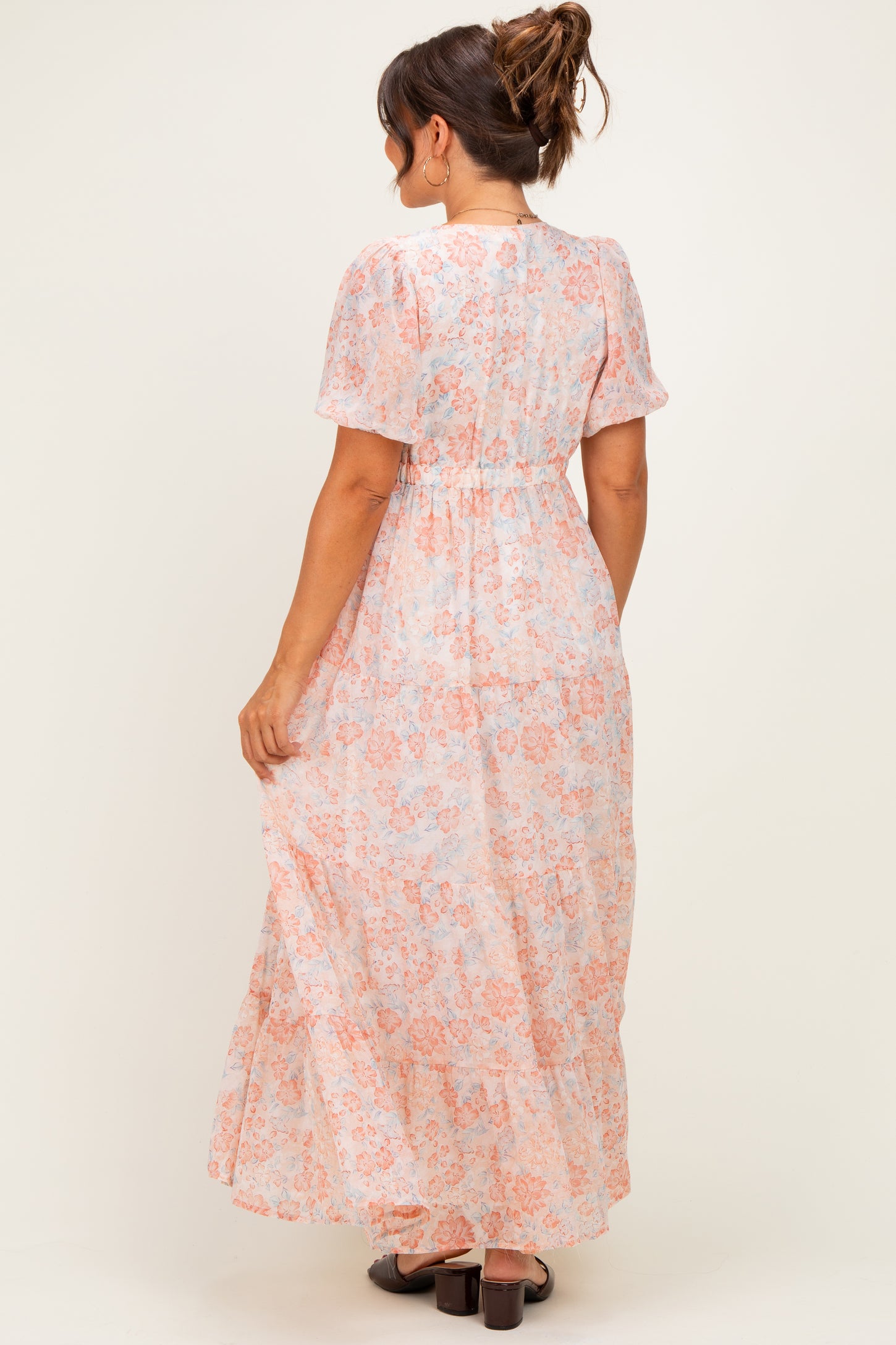 Coral Floral Button Down Front Tie Maternity Maxi Dress