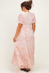 Coral Floral Button Down Front Tie Maternity Maxi Dress