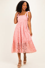 Pink Ribbon Strap Smocked Lace Maternity Midi Dress