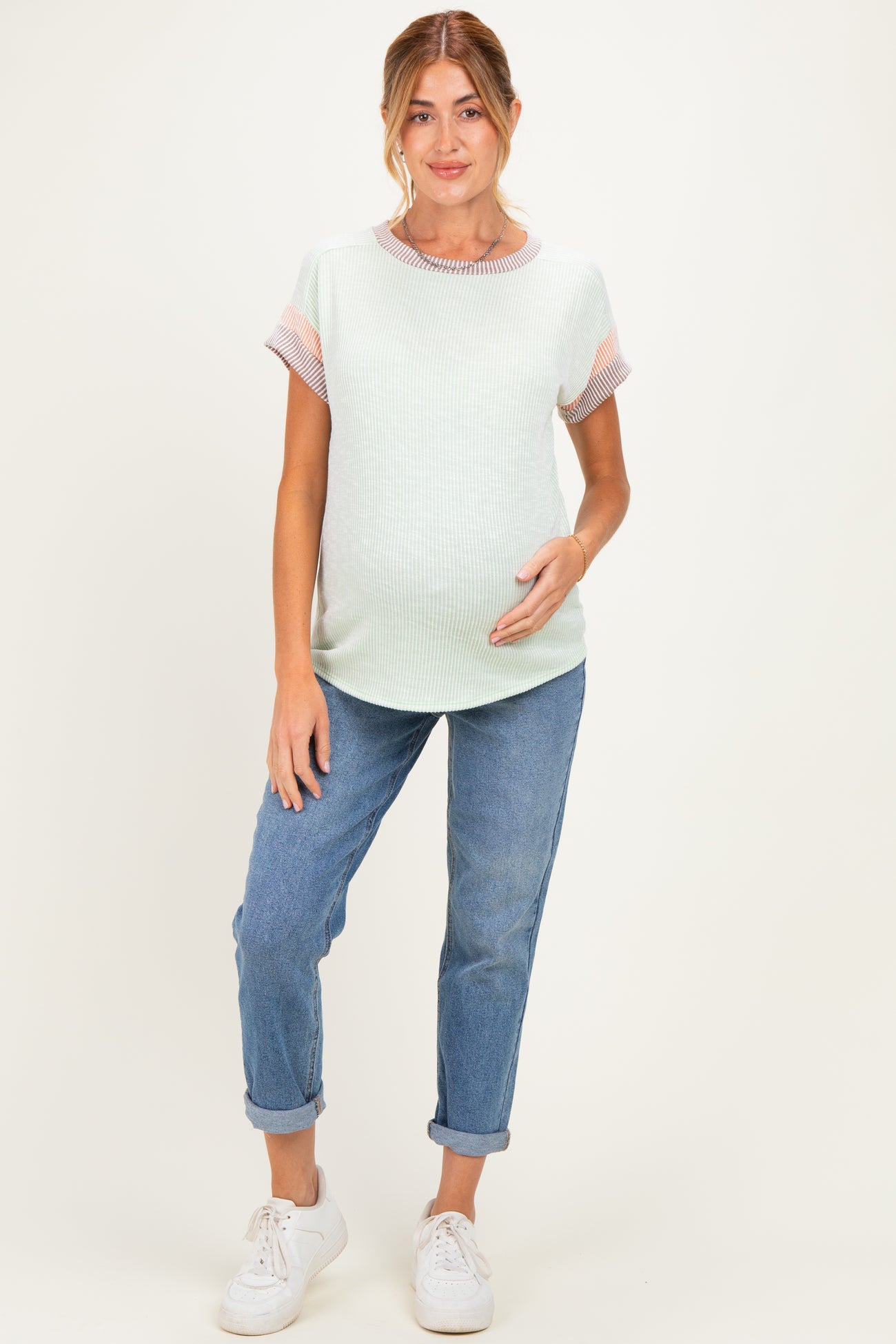 Mint Rib Color Block Short Sleeve Maternity Top