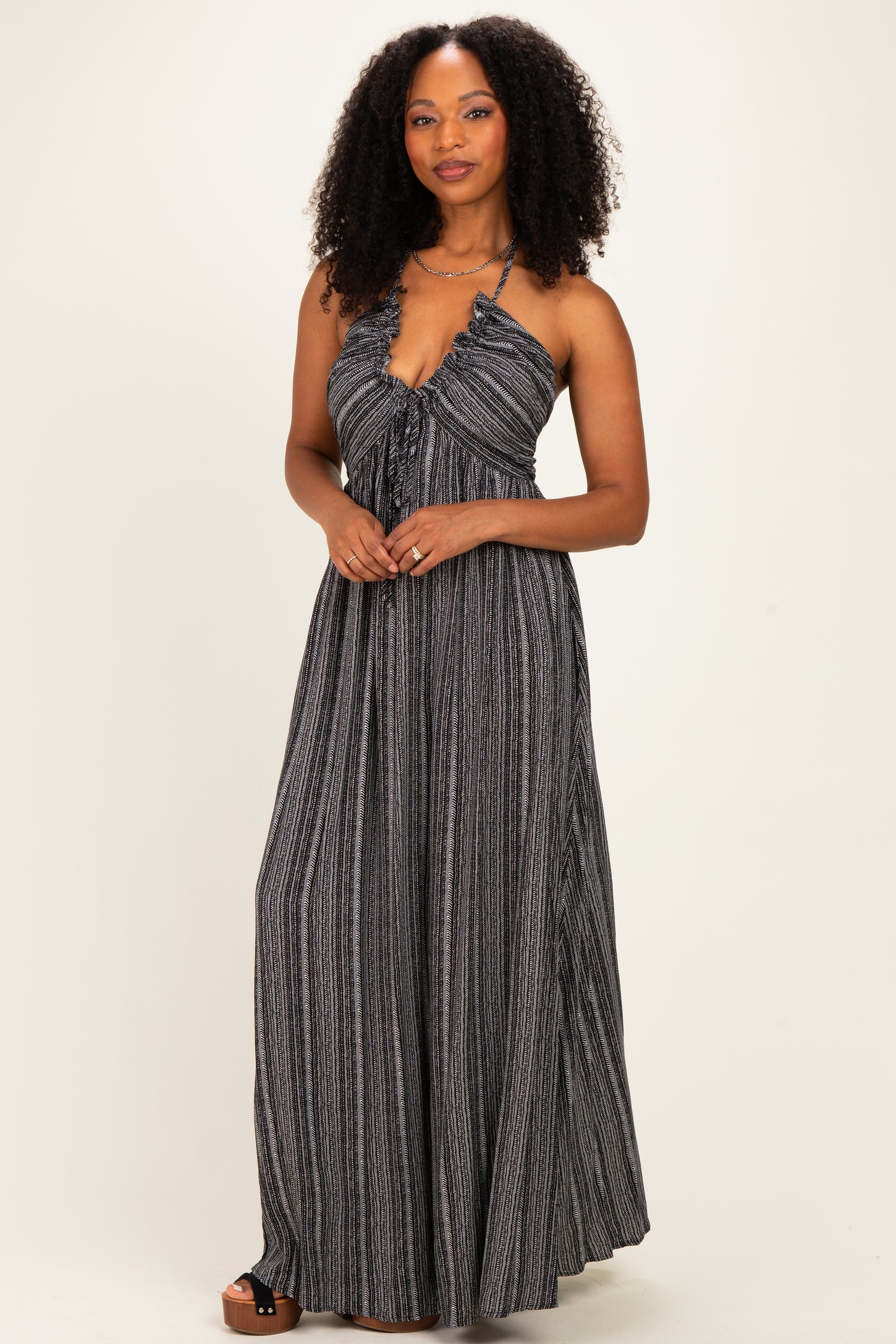 Black Printed V Neck Maxi Dress