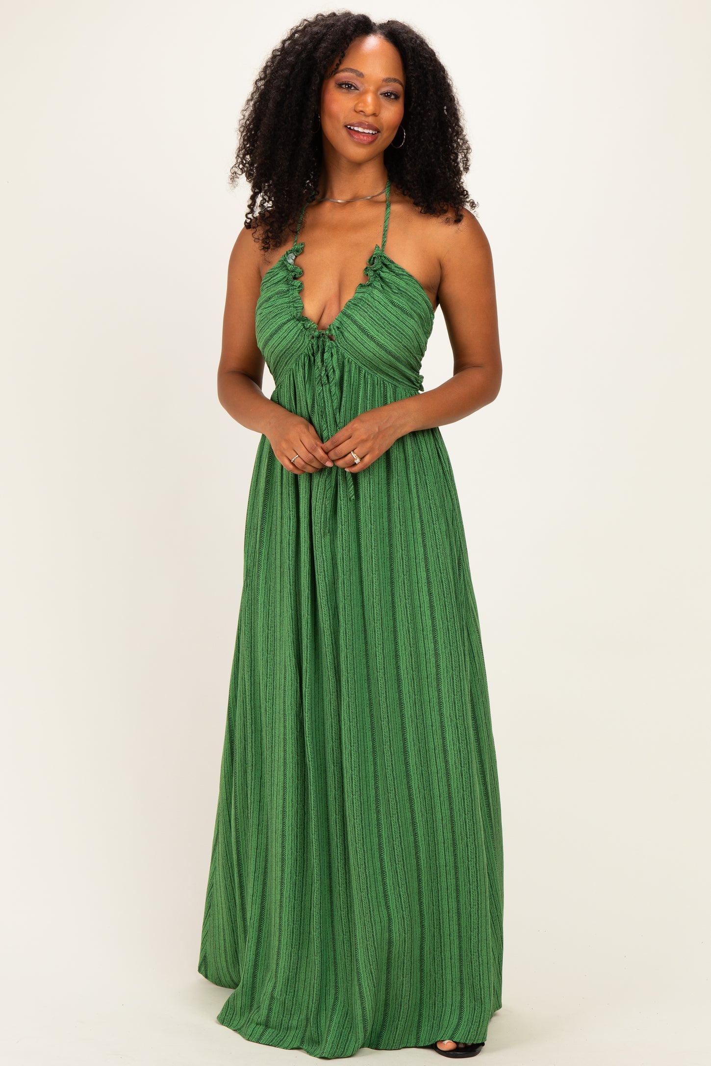 Olive Printed V Neck Maxi Dress