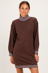 Brown Contrast Mock Neck Maternity Sweater Dress