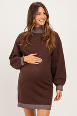 Brown Contrast Mock Neck Maternity Sweater Dress