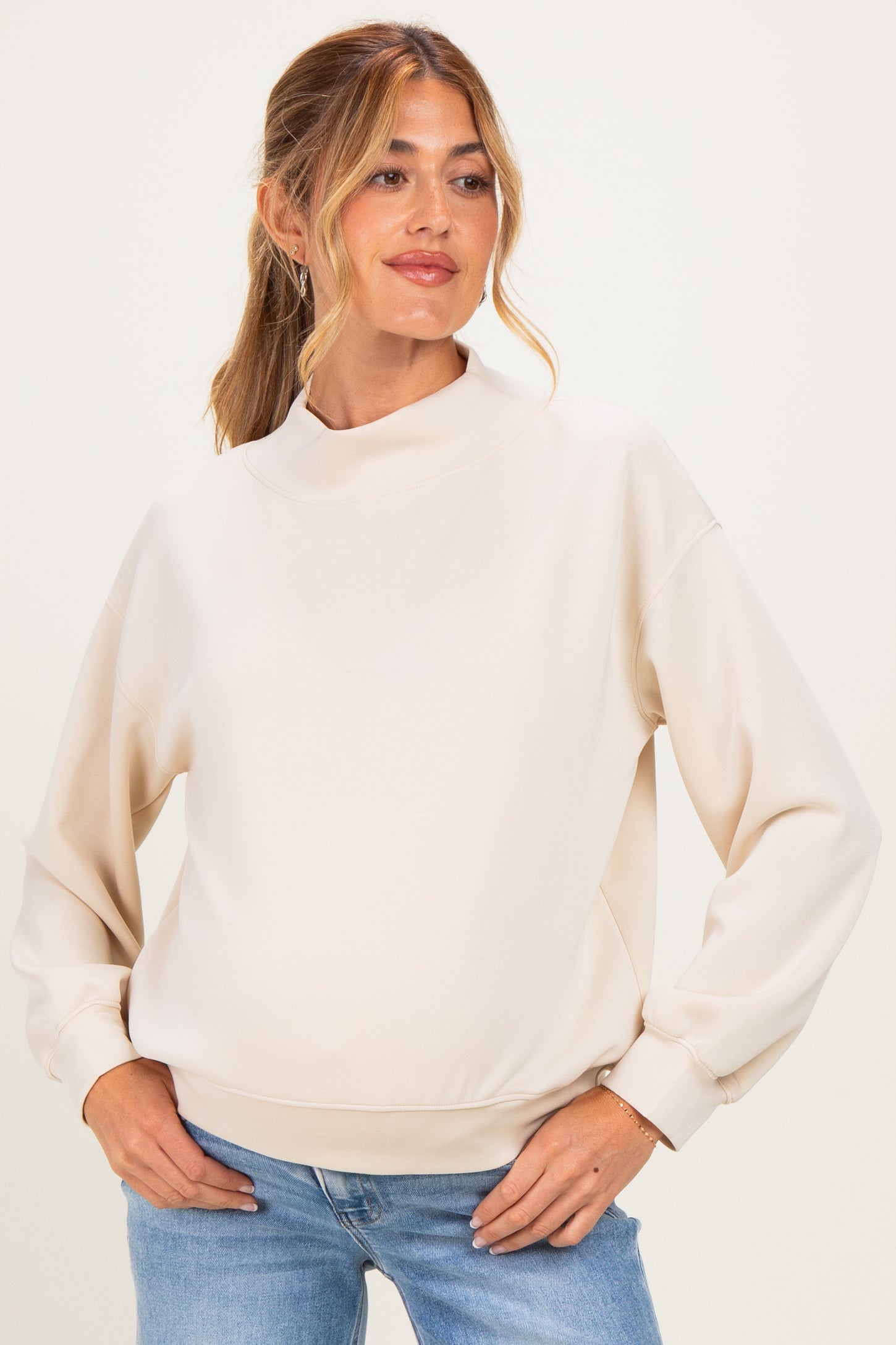Cream Mock Neck Drop Shoulder Maternity Sweatshirt