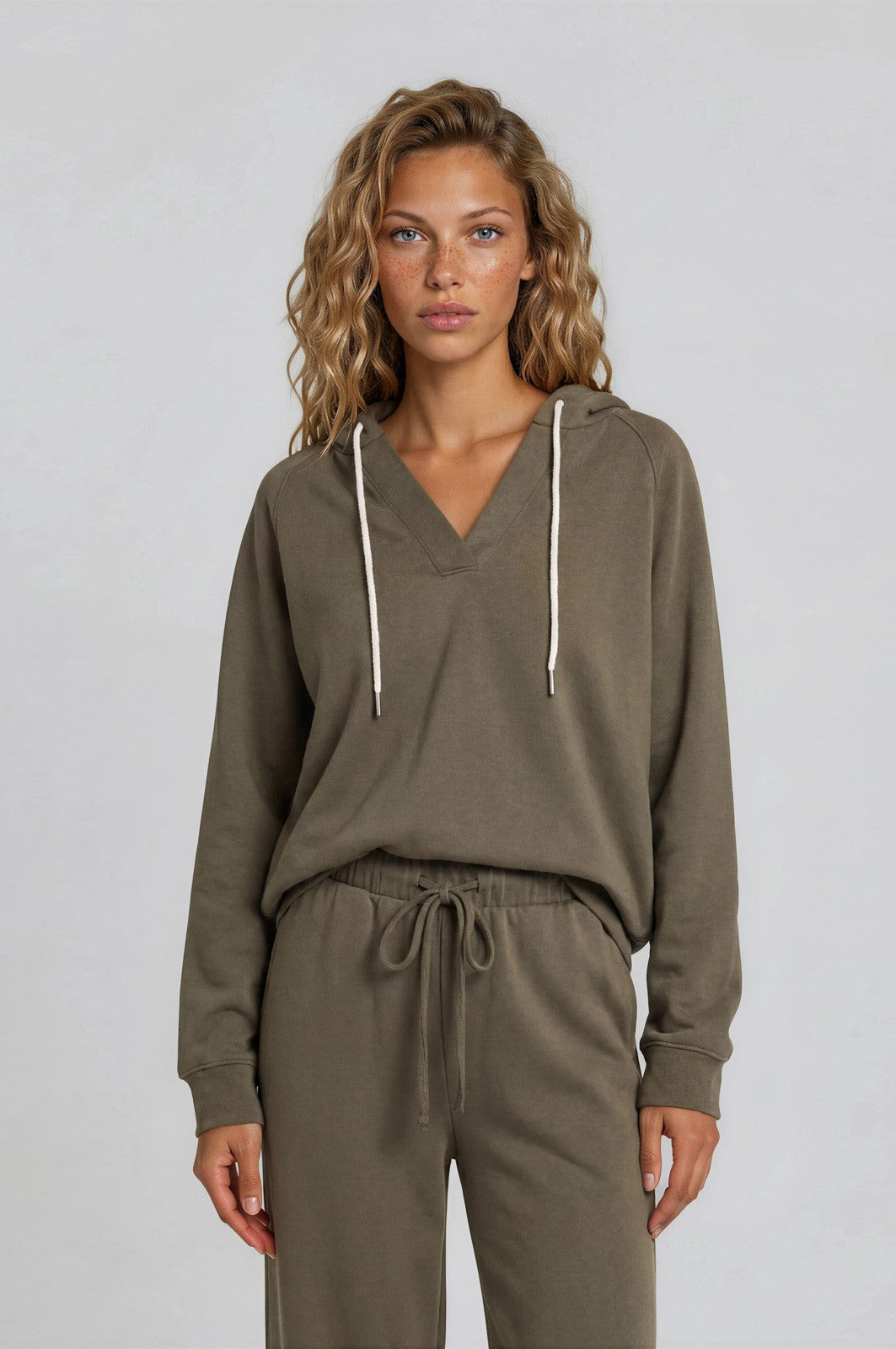 Olive V-Neck Long Sleeve Drawstring Hoodie