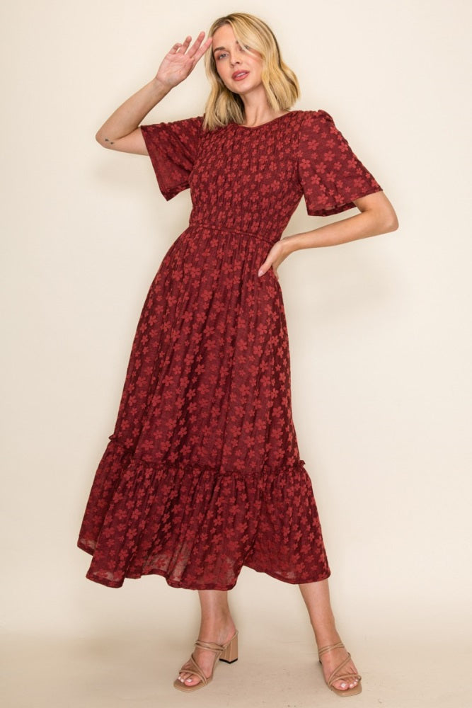 Merlot Smocked Bodice Tiered Dress