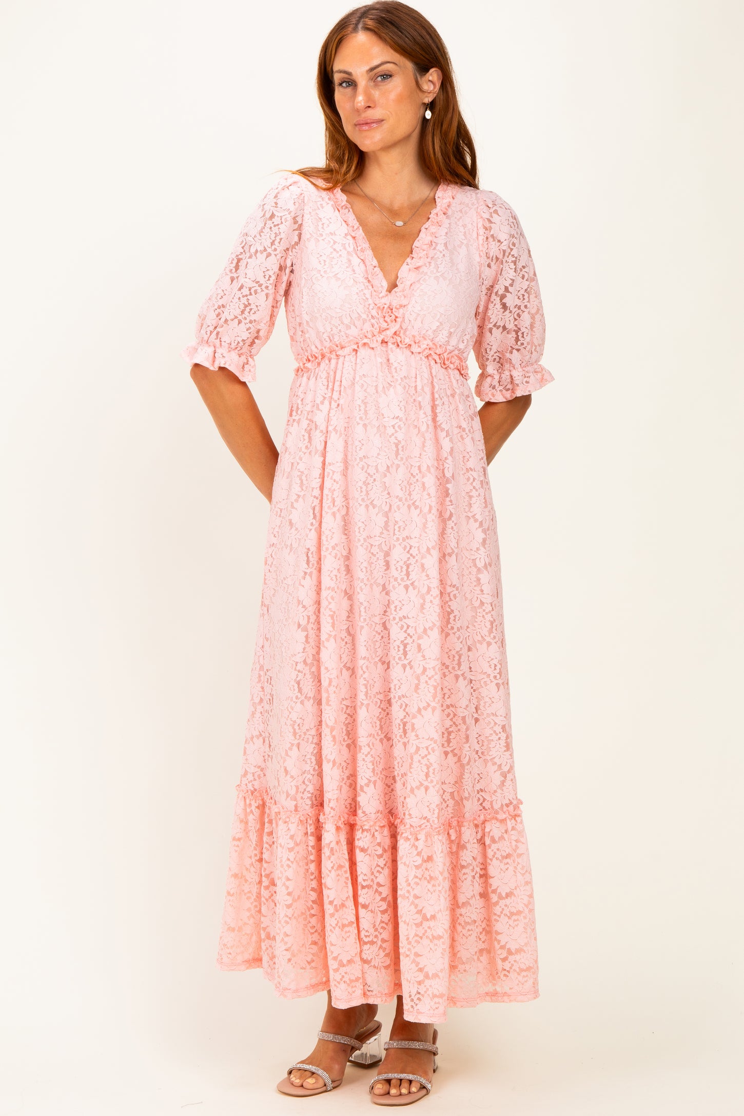 Light Pink Floral Lace V-Neck Maxi Dress
