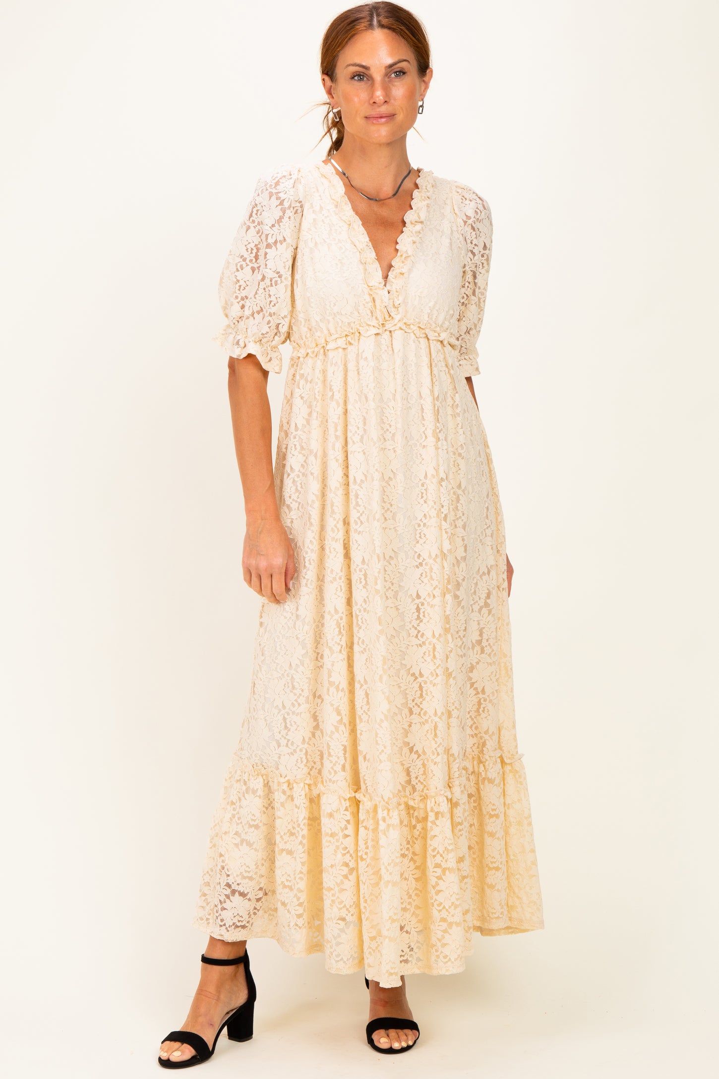 Ivory Floral Lace V-Neck Maternity Maxi Dress