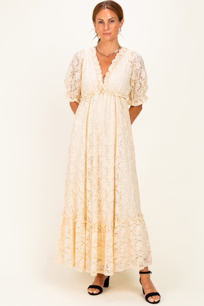 Ivory Floral Lace V-Neck Maxi Dress