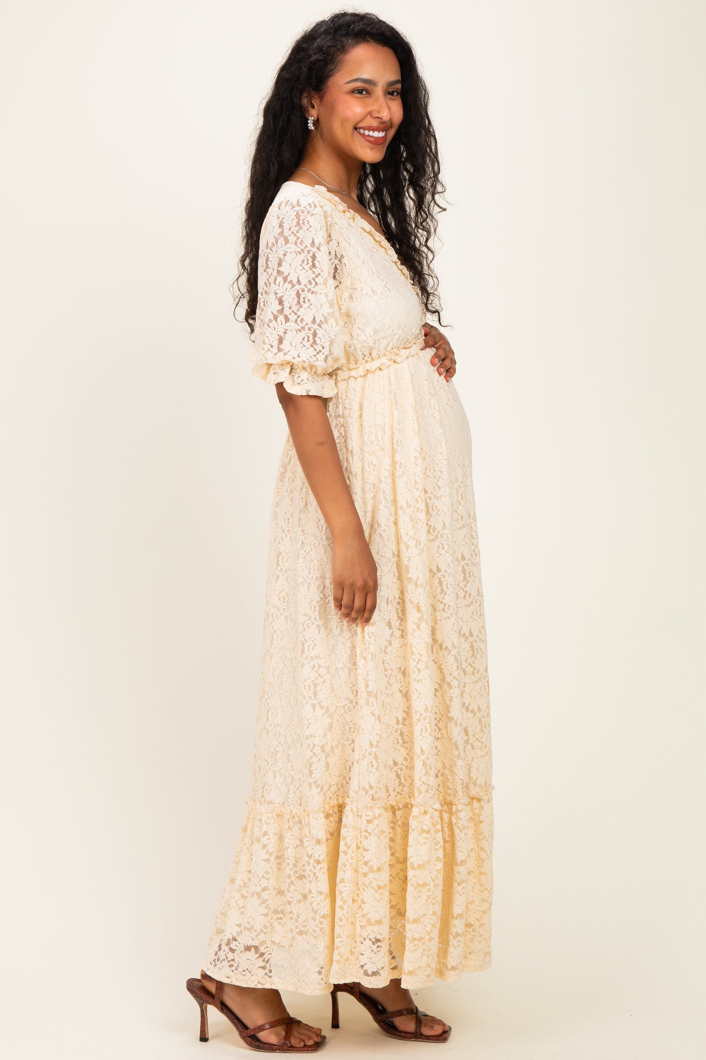 Ivory Floral Lace V-Neck Maternity Maxi Dress