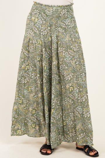 Olive Floral Tiered Smocked Waist Maxi Skirt