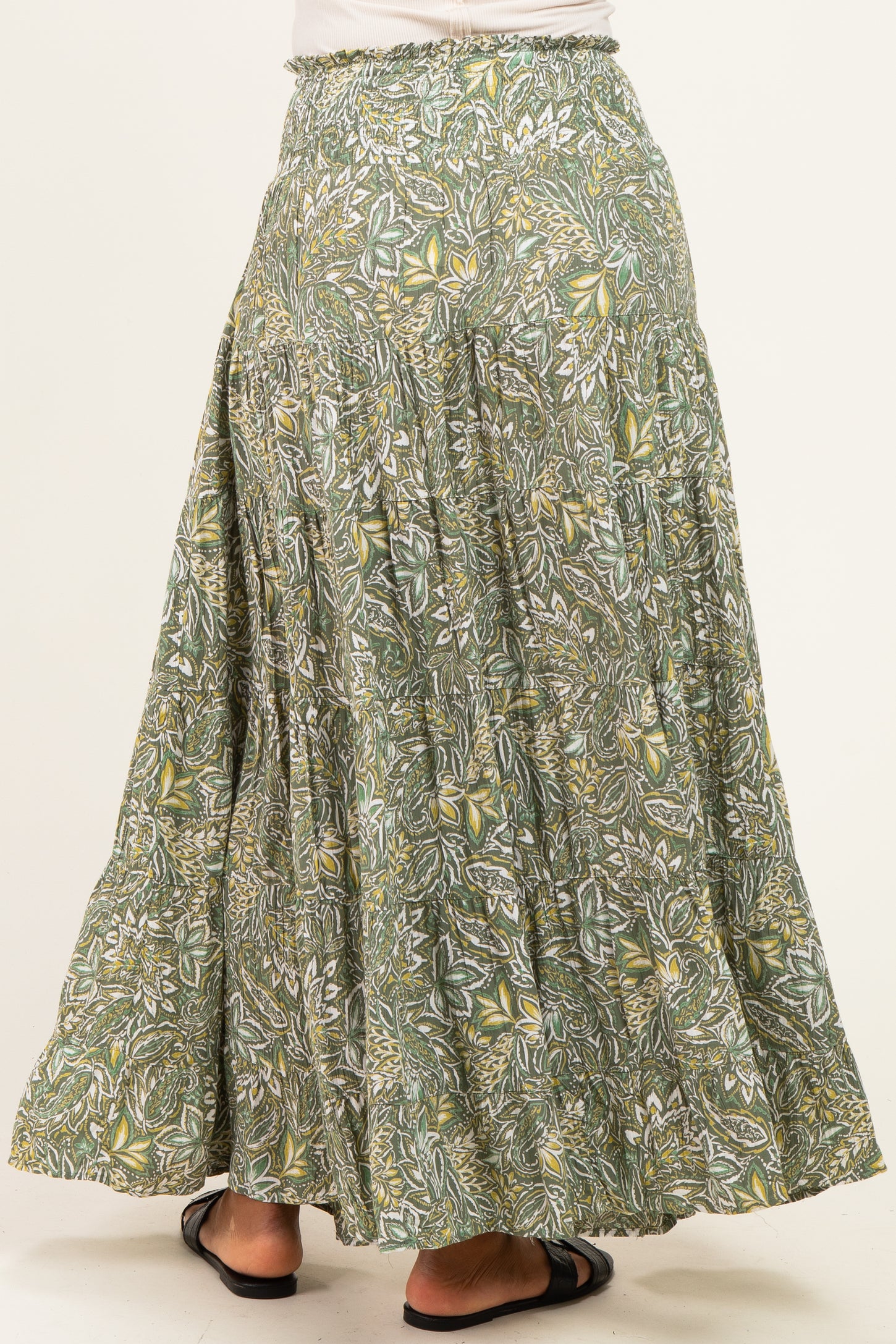 Olive Floral Tiered Smocked Waist Maxi Skirt