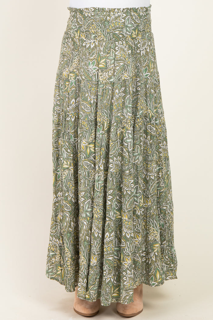maternity wear green floral maxi skirt with an elastic waistband and tiered design, model not visible