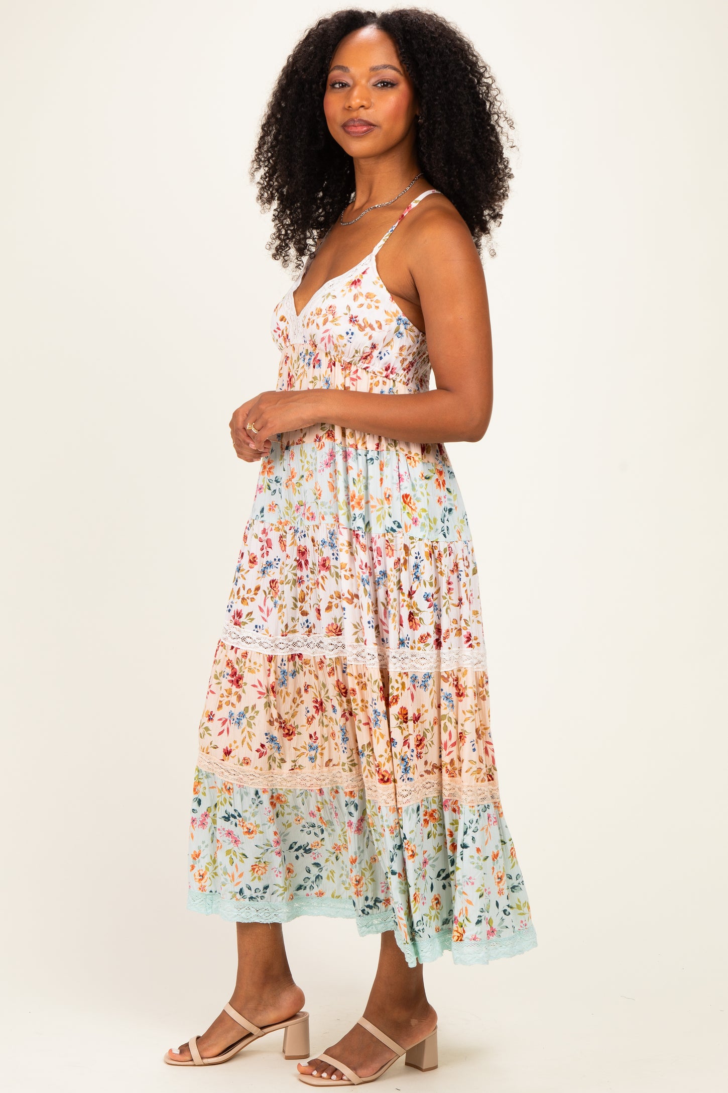 Multicolor Floral Colorblock Tiered Lace Trim Midi Dress