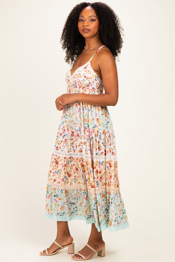 Multicolor Floral Colorblock Tiered Lace Trim Midi Dress