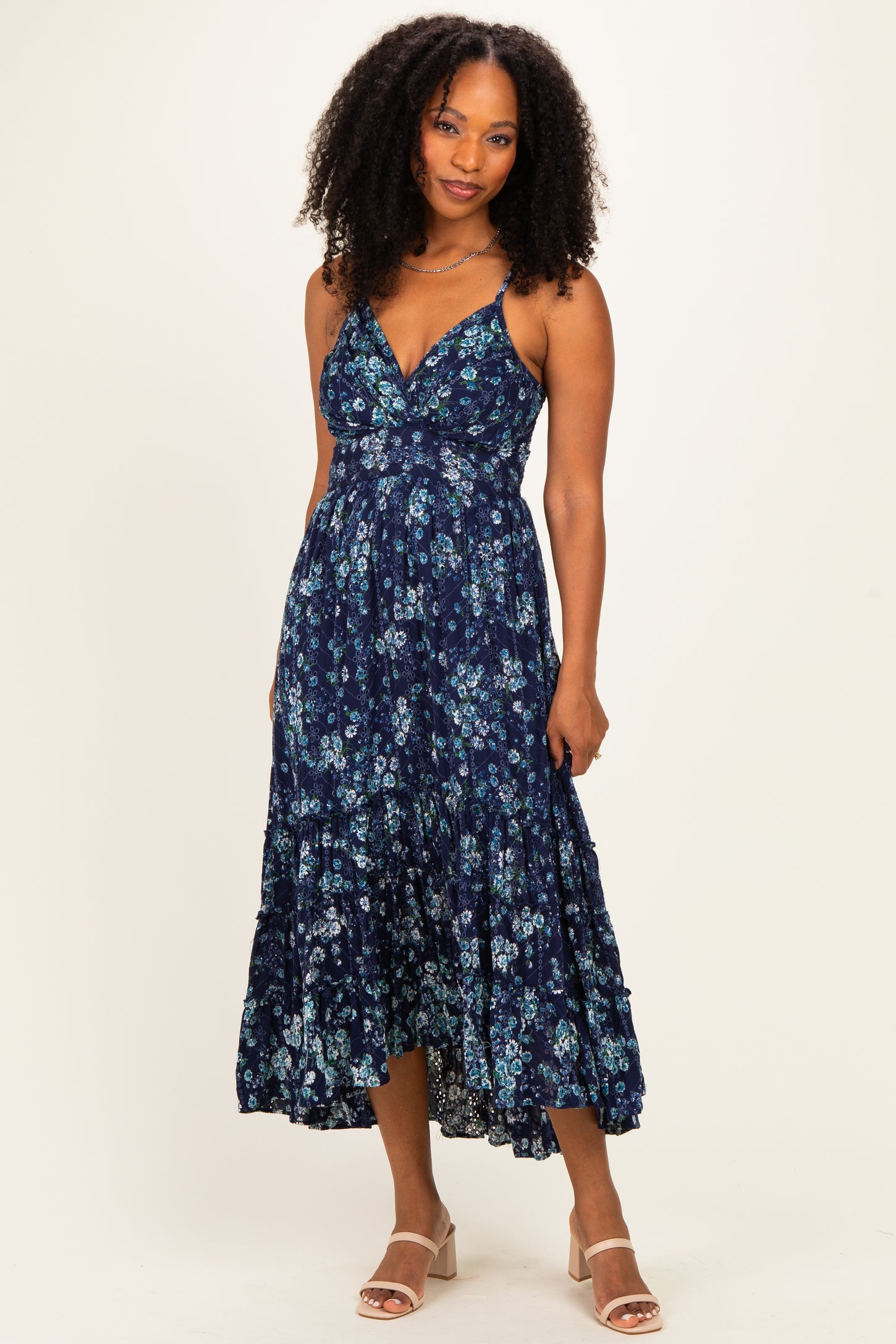 Navy Floral Eyelet Lace Ruffle Hem Maternity Midi Dress