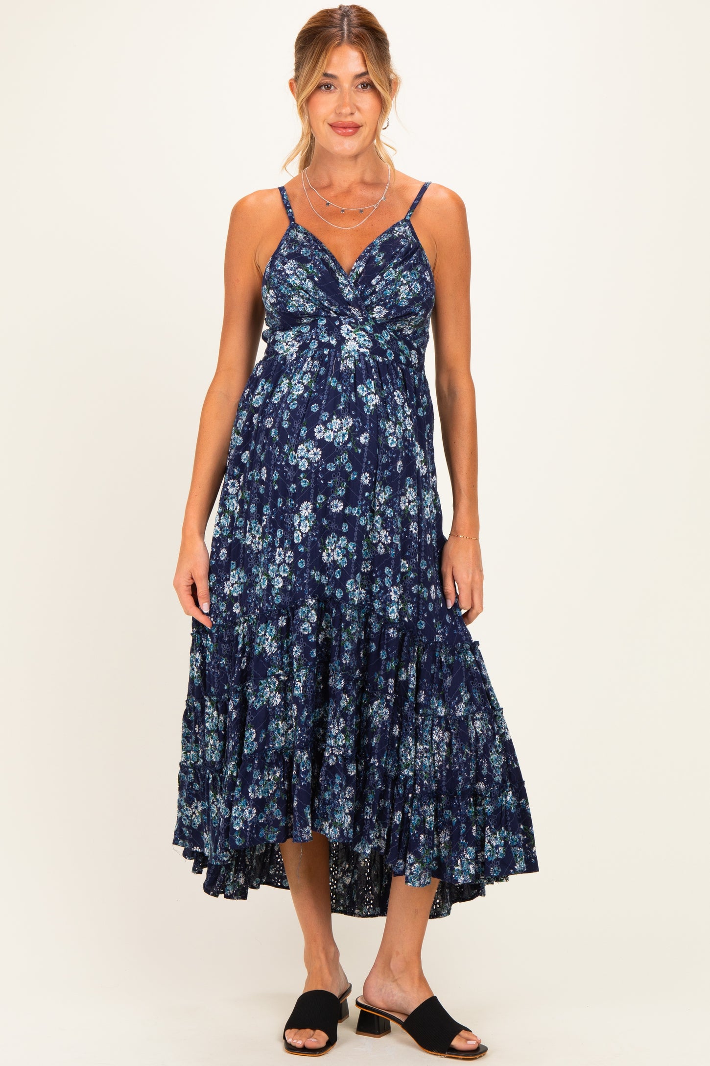 Navy Floral Eyelet Lace Ruffle Hem Maternity Midi Dress