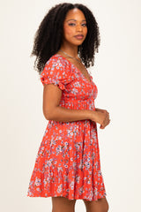 Red Floral Puff Sleeve Smocked Mini Dress