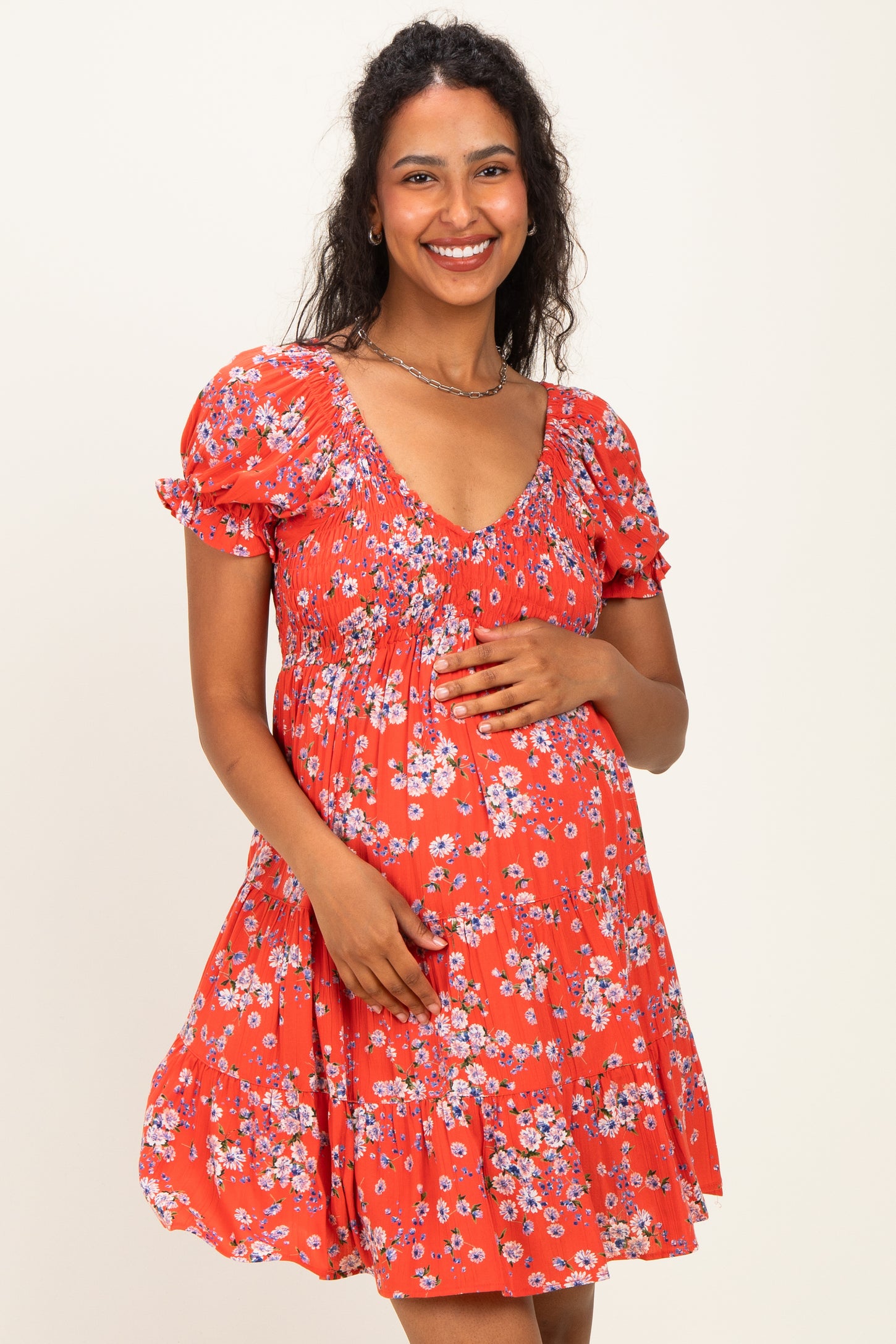 Red Floral Puff Sleeve Smocked Maternity Mini Dress