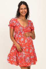Red Floral Puff Sleeve Smocked Maternity Mini Dress