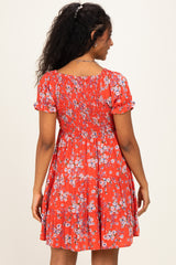 Red Floral Puff Sleeve Smocked Maternity Mini Dress