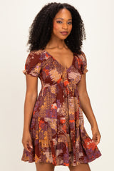 Brown Printed V-Neck Smocked Mini Dress