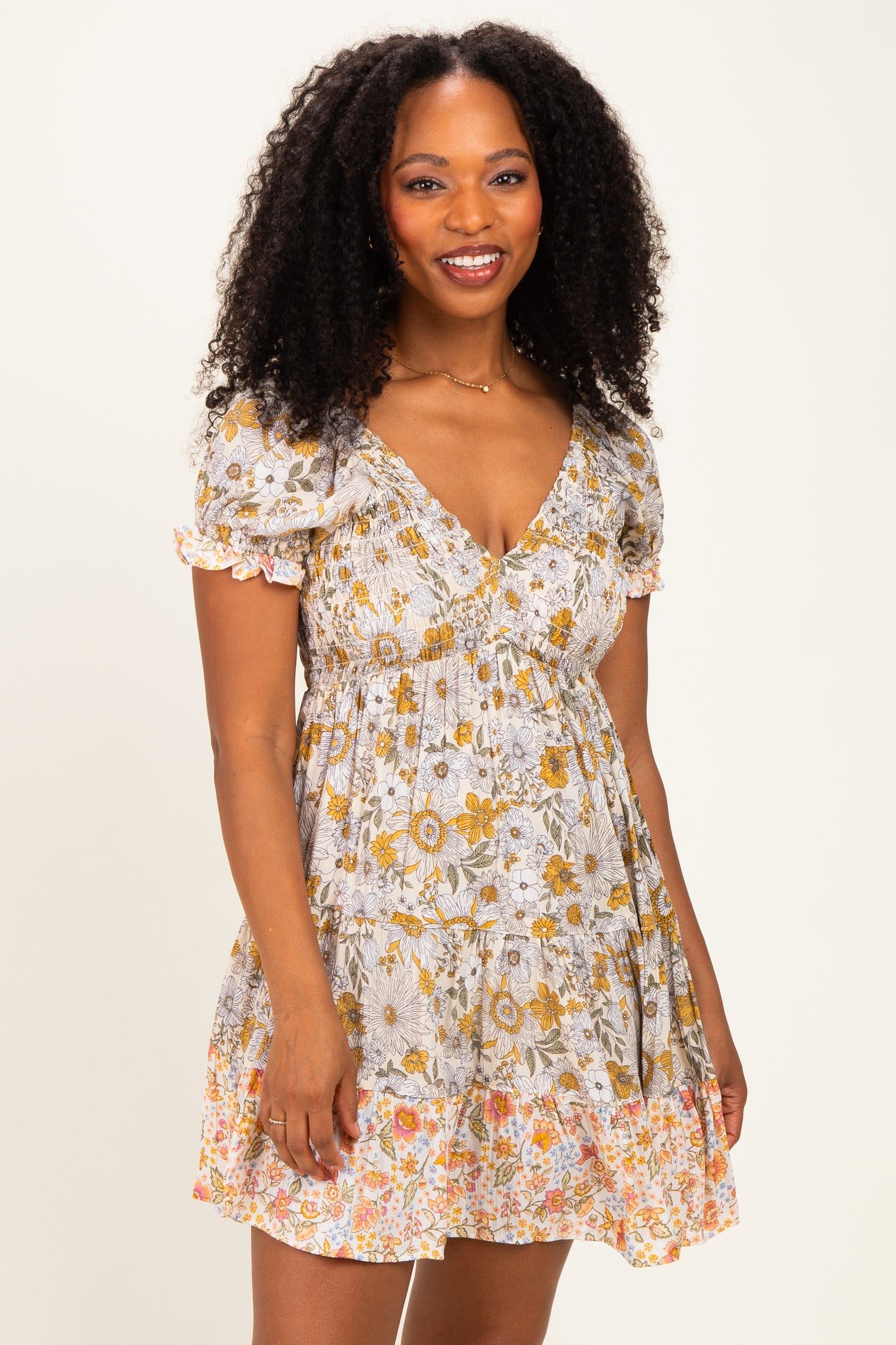Lemon Mixed Floral V-Neck Smocked Maternity Mini Dress