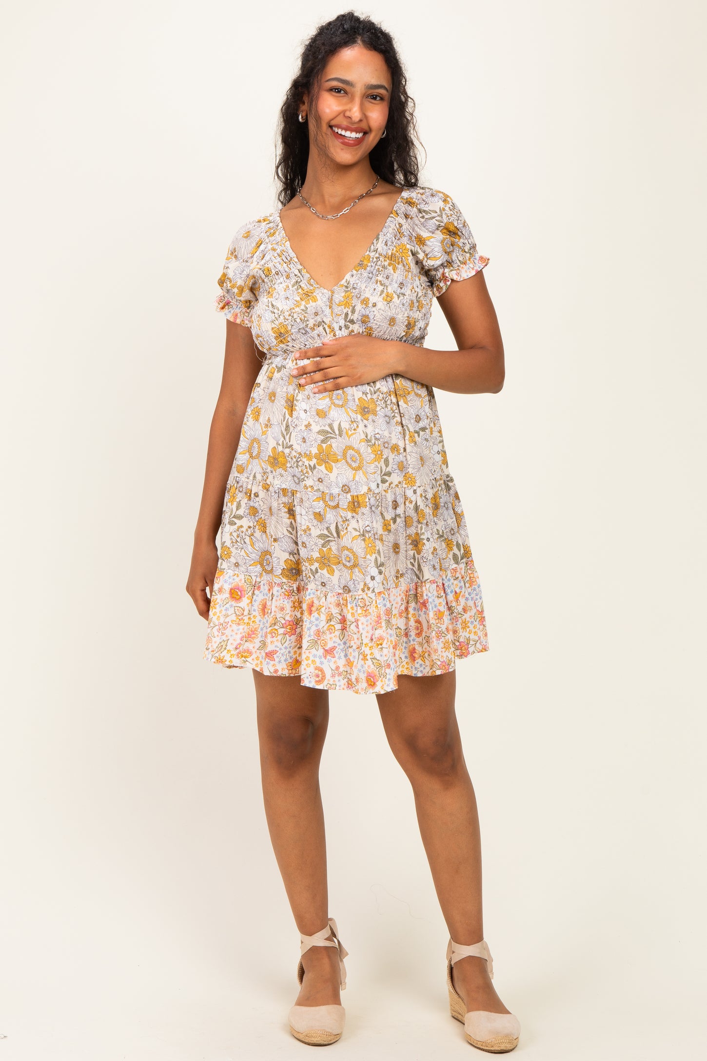 Lemon Mixed Floral V-Neck Smocked Maternity Mini Dress