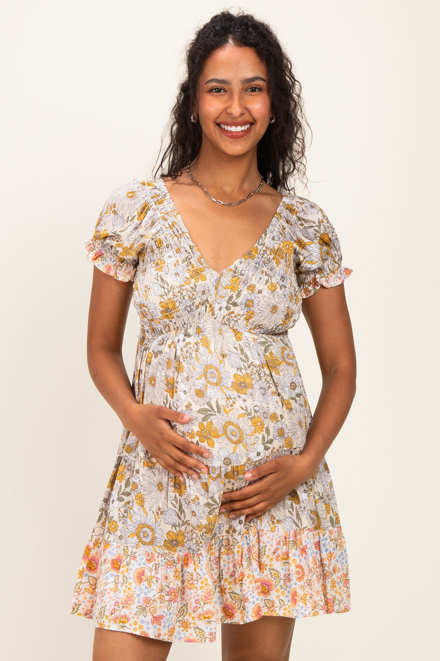 Lemon Mixed Floral V-Neck Smocked Maternity Mini Dress