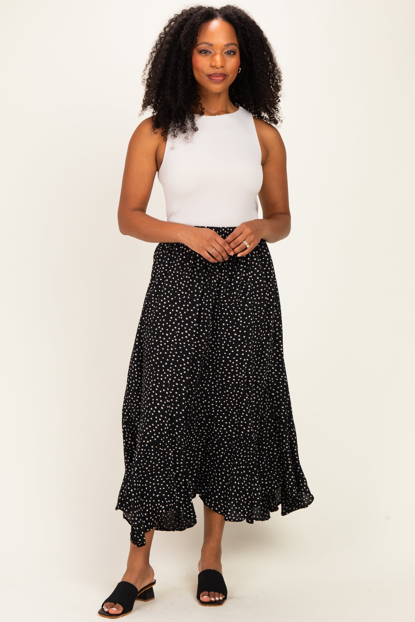 Black Polka Dot Ruffle Hem Maternity Maxi Skirt
