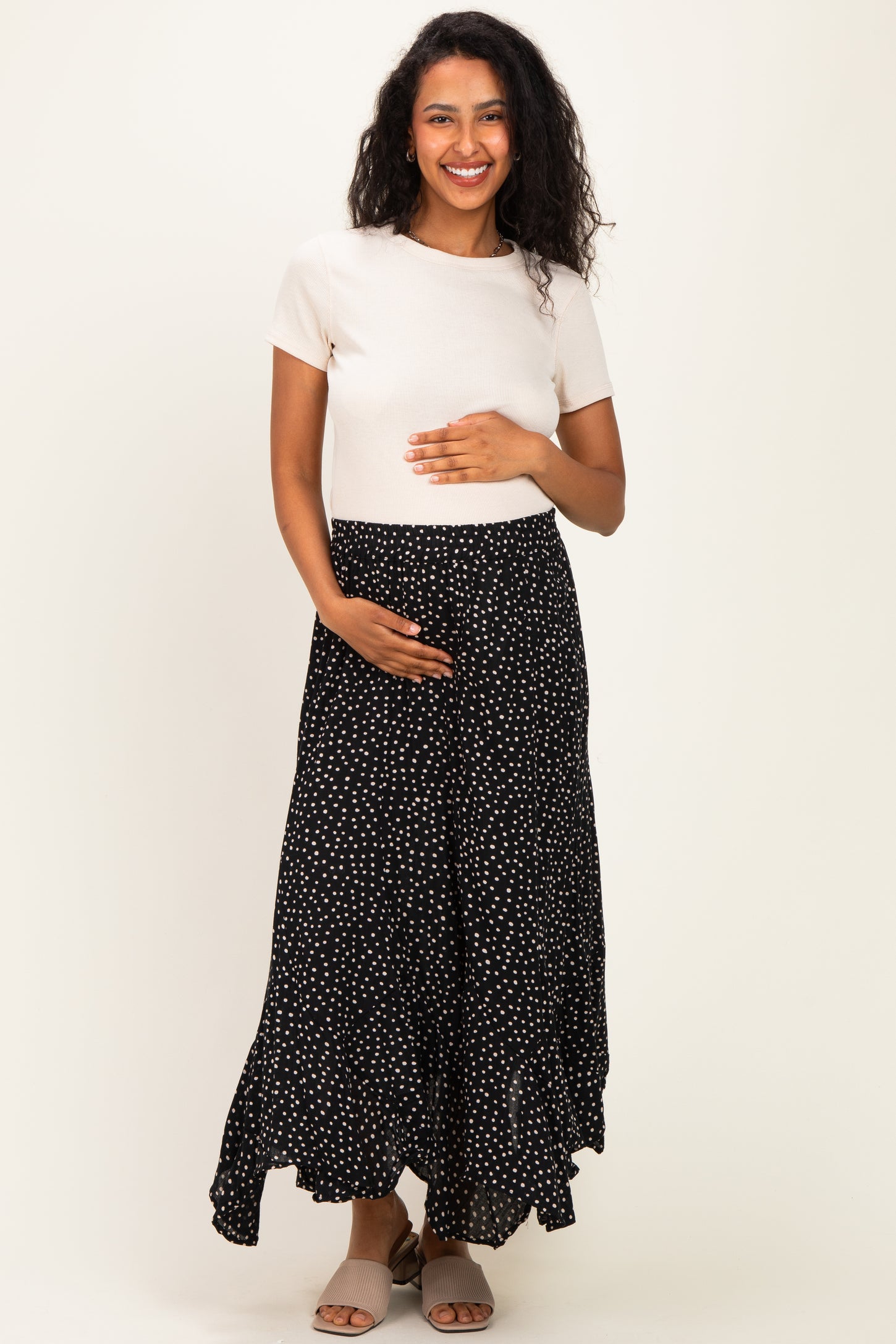 Black Polka Dot Ruffle Hem Maternity Maxi Skirt